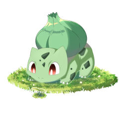 Rule 34 | bright pupils, bulbasaur, claws, creatures (company), game freak, gen 1 pokemon, kawaiyutaro, nintendo, no humans, nostrils, on grass, pokemon, pokemon (creature), red eyes, simple background, solo, sprout, white background, white pupils