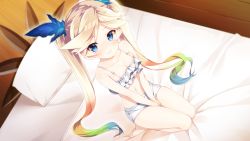 Rule 34 | 1girl, artist request, bare arms, bare legs, bare shoulders, barefoot, bed, bed sheet, between legs, blonde hair, blue hair, blue ribbon, breasts, camisole, cleavage, eyelashes, frills, from above, full body, game cg, gradient hair, granblue fantasy, green hair, hair ribbon, hand between legs, indoors, io (granblue fantasy), long hair, looking at viewer, looking up, multicolored hair, navel, non-web source, on bed, panties, pillow, ribbon, sitting, small breasts, solo, spaghetti strap, splush wave, stomach, twintails, underwear, very long hair, wooden floor