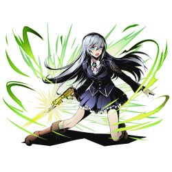 Rule 34 | 10s, 1girl, alpha transparency, blue eyes, blue skirt, boots, bow, brown footwear, cross-laced footwear, divine gate, full body, grey hair, gun, gunblade, hair bow, holding, holding gun, holding weapon, knee boots, kneehighs, la folia rihavein, lace-up boots, long hair, looking at viewer, official art, on one knee, open mouth, pleated skirt, shadow, skirt, socks, solo, strike the blood, transparent background, ucmm, weapon