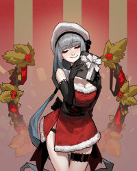Rule 34 | 1girl, absurdres, black gloves, blue hair, breasts, cleavage, closed eyes, closed mouth, cowboy shot, dress, earrings, elbow gloves, facing viewer, fur-trimmed dress, fur trim, gift, gloves, gogalking, hands up, hat, head tilt, highres, holding, holding gift, jewelry, large breasts, long hair, low-tied long hair, ophelia (gogalking), original, red dress, santa dress, short dress, smile, solo, standing, very long hair, white hat