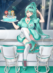Rule 34 | 1girl, absurdres, alternate costume, breasts, cake, chest jewel, food, green eyes, green hair, highres, large breasts, long hair, mythra (xenoblade), okazakileo, pneuma (xenoblade), ponytail, pyra (xenoblade), roller skates, skates, solo, very long hair, xenoblade chronicles (series), xenoblade chronicles 2
