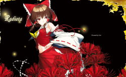 Rule 34 | 1girl, absurdres, black background, bow, brown eyes, brown hair, circle name, detached sleeves, flower, framed, hair bow, hair tubes, hakurei reimu, highres, ken-1, midriff, navel, parted lips, photoshop (medium), red bow, red eyes, red flower, red skirt, revision, sarashi, simple background, skirt, solo, spider lily, touhou, wind