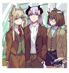 Rule 34 | 3girls, ahoge, alternate costume, arknights, black shorts, brown eyes, brown jacket, brown pants, brown vest, buttons, collared shirt, cowboy shot, dragon horns, suit jacket, glasses, green vest, grey hair, hand in pocket, hand on another&#039;s shoulder, highres, horns, jacket, lapels, laurels, long hair, long sleeves, looking at viewer, muelsyse (arknights), multiple girls, necktie, open clothes, open jacket, orange eyes, owl ears, pants, photo (object), pointy ears, red necktie, saria (arknights), shirt, shorts, silence (arknights), vest, white shirt, xiao lu
