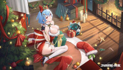 Rule 34 | 1girl, absurdres, alche (benruce), artery gear, artery gear: fusion, black footwear, black gloves, blue hair, box, breasts, candle, character request, choker, christmas, christmas lights, christmas ornaments, christmas tree, cleavage, copyright name, crossed bangs, food, frilled choker, frills, fur-trimmed leotard, fur trim, gift, gift box, gloves, green ribbon, hair between eyes, hair ornament, half gloves, high heels, highres, large breasts, leotard, medium hair, non-humanoid robot, official art, opening, pantyhose, parted lips, red eyes, red leotard, red ribbon, ribbon, robot, robot cat, sidelocks, star (symbol), star hair ornament, sweets, two-tone ribbon, white background, white pantyhose