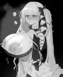 Rule 34 | 1girl, :o, absurdres, azur lane, bare shoulders, black background, blunt bangs, blush, bow, breasts, breasts out, choker, cleavage, clothes pull, daniku, dress, dress pull, formidable (azur lane), frilled dress, frills, gothic lolita, greyscale, hair bow, hair ribbon, heart, heart-shaped pupils, highres, huge areolae, huge breasts, huge nipples, lactation, large areolae, limited palette, lolita fashion, long hair, monochrome, neckwear between breasts, nipples, parted lips, puffy nipples, ribbon, simple background, solo, sound effects, speech bubble, sweat, symbol-shaped pupils, twintails, very long hair, white hair