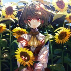 Rule 34 | 1girl, adapted costume, artist request, ascot, backlighting, belt, blue sky, blurry, blurry background, blush, brown belt, closed mouth, dappled sunlight, day, dress, flower, garden of the sun, green hair, hair between eyes, highres, holding, holding flower, kazami yuuka, light particles, light smile, lips, long sleeves, looking at viewer, off-shoulder dress, off shoulder, red dress, red eyes, shirt, sky, solo, sunflower, sunlight, touhou, turtleneck, wavy hair, white shirt, wind, yellow ascot
