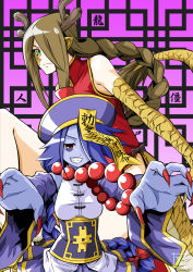 Rule 34 | 10s, 2girls, antlers, beads, blue hair, blue skin, braid, breasts, brown hair, china dress, chinese clothes, cici (monster musume), claws, colored skin, detached sleeves, dragon girl, dragon horns, dragon tail, dress, fingernails, green eyes, grin, hair over one eye, hat, horns, jiangshi, jiangshi (monster musume), long hair, medium breasts, monster girl, monster musume no iru nichijou, multiple girls, nail polish, ofuda, pointy ears, prayer beads, red eyes, red nails, ryu-jin (monster musume), ryuu-jin (monster musume), s-now, scales, sharp fingernails, shiishii, side slit, signature, single braid, slit pupils, smile, tail, very long hair