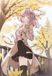 Rule 34 | 1girl, absurdres, ahoge, breasts, brown coat, brown eyes, brown skirt, brown thighhighs, coat, day, feet out of frame, hands up, highres, long sleeves, looking at viewer, medium breasts, medium hair, open clothes, open coat, original, parted lips, pink hair, pink sweater, pleated skirt, railing, skirt, solo, standing, sweater, thighhighs, tree, turtleneck, turtleneck sweater, wind, yozora (1wkdgusdn)