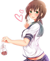 Rule 34 | 10s, 1girl, :d, blue skirt, blush, breasts, brown hair, chocolate, from side, fubuki (kancolle), gift bag, green eyes, heart, highres, jewelry, kantai collection, looking at viewer, midriff, open mouth, pikacchi, pleated skirt, ponytail, ring, school uniform, serafuku, short hair, short sleeves, simple background, skirt, small breasts, smile, solo, v, valentine, wedding band, white background