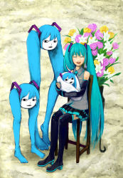 Rule 34 | 1girl, aqua hair, baby, creepy, detached sleeves, family, flower, hatsune miku, horror (theme), if they mated, long hair, necktie, shiteyan&#039;yo, sitting, skirt, smile, soga kayoko, thighhighs, twintails, vocaloid, what