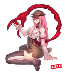Rule 34 | 1girl, blood, boots, jjune, long hair, original, pink hair, red eyes, simple background, smile, solo, tail, thigh boots, thighhighs, zettai ryouiki