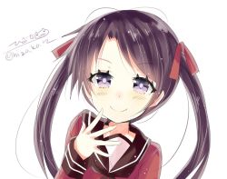 Rule 34 | 1girl, black hair, blush, bow, closed mouth, highres, hizaka, kantai collection, long hair, long sleeves, looking at viewer, mikuma (kancolle), portrait, purple eyes, red bow, school uniform, serafuku, shirt, simple background, smile, solo, twintails, white background