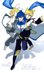 Rule 34 | 1girl, 2boys, aqua eyes, blonde hair, blue eyes, blue hair, blue nails, blue scarf, blush, bow, carrying, carrying person, commentary request, detached sleeves, full body, hair bow, hair ornament, hair ribbon, hairclip, headphones, highres, kagamine len, kagamine rin, kaito (vocaloid), kaito (vocaloid3), multiple boys, open mouth, pixiv id, ribbon, running, scarf, shadow, short hair, shorts, sweat, tare7gasi mi, teardrop, translation request, twitter username, vocaloid, white background