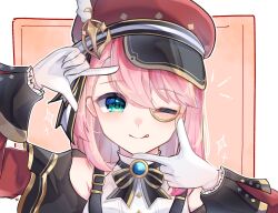 Rule 34 | 1girl, ;), ;q, bare shoulders, blush, brooch, cabbie hat, charlotte (genshin impact), commentary, genshin impact, gloves, green eyes, hat, highres, jewelry, long sleeves, looking at viewer, makaroni (makaroni kana), medium hair, monocle, one eye closed, pink hair, red hat, shirt, smile, solo, tongue, tongue out, upper body, white gloves, white shirt