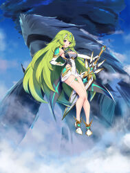 Rule 34 | 1girl, :d, absurdres, blue sky, breasts, character request, circlet, cleavage, cleavage cutout, clothing cutout, cloud, cloudy sky, cosplay, dress, elbow gloves, full body, gloves, green hair, highres, holding, holding sword, holding weapon, long hair, looking at viewer, medium breasts, mythra (xenoblade), mythra (xenoblade) (cosplay), nijisanji, nijisanji en, open mouth, orange eyes, outdoors, sky, smile, solo, sword, thigh strap, tsukinaga, very long hair, virtual youtuber, weapon, white dress, white footwear, white gloves, xenoblade chronicles (series), xenoblade chronicles 2