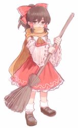 Rule 34 | 1girl, ascot, bow, broom, brown hair, detached sleeves, full body, furorida, hair bow, hair tubes, hakurei reimu, loafers, orange scarf, ribbon-trimmed sleeves, ribbon trim, scarf, shoes, simple background, socks, solo, standing, sweeping, touhou, white background