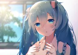 Rule 34 | 1girl, aqua eyes, aqua hair, aqua neckwear, bare shoulders, blurry, blurry background, commentary, fuyuzuki gato, hair ornament, holding hands, hatsune miku, highres, indoors, jewelry, lens flare, light particles, long hair, looking at viewer, master (vocaloid), nail polish, open mouth, pov, pov hands, ring, shirt, sleeveless, sleeveless shirt, solo focus, sunlight, tree, twintails, very long hair, vocaloid, white shirt, window
