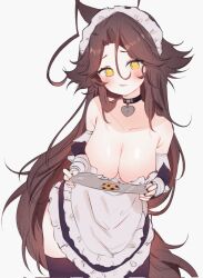 Rule 34 | 1girl, ahoge, alternate costume, bandaged arm, bandages, bandaid, bare shoulders, black choker, blush, breasts, brown eyes, brown hair, choker, cleavage, closed mouth, collarbone, cookie, downblouse, english text, enmaided, food, frown, hair between eyes, heart, heart-shaped pupils, heart ahoge, heart choker, highres, holding, holding tray, huge ahoge, large breasts, leaning forward, long hair, looking at viewer, maid, maid headdress, messy hair, original, pout, simple background, sky above me, solo, symbol-shaped pupils, tray, very long hair, white background, yellow eyes