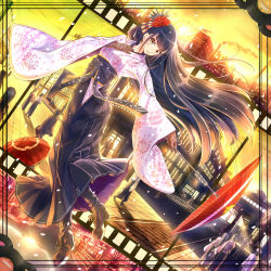 Rule 34 | 1girl, ass, bemani, black hair, blush, boots, brown eyes, building, city, cityscape, cloud, commentary request, cross-laced footwear, dutch angle, floral print, gloves, hair ornament, hakama, hakama skirt, hand on own chest, highres, japanese clothes, kazeno, kimono, lace, lace gloves, long hair, looking at viewer, meiji schoolgirl uniform, mole, mole under eye, obi, open mouth, orange eyes, original, petals, record, road, sash, scenery, skirt, sky, smile, solo focus, street, sunset, umbrella, wide sleeves