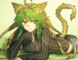 Rule 34 | animal ears, ass, atalanta (fate), blonde hair, breasts, cat ears, cat tail, denim, denim shorts, dyed bangs, fate/apocrypha, fate (series), green eyes, green hair, lying, melon22, multicolored hair, on stomach, shorts, sleeves past wrists, sweater, tail, two-tone hair