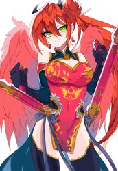 Rule 34 | 1girl, bare shoulders, black gloves, black thighhighs, china dress, chinese clothes, covered navel, dress, dual wielding, earrings, feathered wings, gloves, green eyes, hacco mayu, hair between eyes, hair bun, highres, holding, holding weapon, horns, jewelry, puzzle &amp; dragons, red hair, side ponytail, simple background, single hair bun, smile, solo, thighhighs, tonfa, weapon, white background, wings
