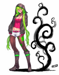 Rule 34 | 1girl, artist name, belt, black footwear, black pantyhose, boots, breasts, cleavage, female focus, glasses, green hair, hands in pockets, high heel boots, high heels, hood, hoodie, jewelry, jjune, knee boots, large breasts, long hair, long sleeves, looking at viewer, midriff, necklace, open clothes, open hoodie, original, pantyhose, pantyhose under shorts, pendant, red-framed eyewear, red eyes, shirt, shorts, simple background, solo, star (symbol), star print, twintails, very long hair