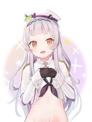 Rule 34 | 1girl, :d, azur lane, beret, black gloves, blunt bangs, blush, bow, brown eyes, commentary request, crop top, cropped jacket, gloves, grey hair, hand to own mouth, hands up, hat, hat bow, highres, hololive, idemitsu, jacket, long hair, long sleeves, looking at viewer, murasaki shion, navel, official alternate costume, open mouth, own hands together, purple bow, shirt, sleeves past wrists, smile, solo, sparkle background, star (symbol), teeth, tilted headwear, upper body, upper teeth only, very long hair, virtual youtuber, white hat, white jacket, white shirt