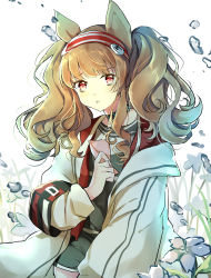 Rule 34 | 1girl, angelina (arknights), animal ears, arknights, black choker, blue flower, blush, brown hair, choker, commentary, female focus, flower, fox ears, grey shirt, hairband, highres, holding, hoshi lingdang, jacket, long hair, long sleeves, looking at viewer, parted lips, red eyes, red hairband, shirt, solo, twintails, upper body, water drop, white background, white jacket