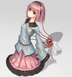 Rule 34 | 1girl, arched back, blue shirt, closed mouth, expressionless, eyeball, frilled shirt collar, frilled sleeves, frills, full body, grey background, hairband, heart, kneeling, komeiji satori, long sleeves, looking at viewer, munuu, pink hair, pink skirt, red eyes, shadow, shirt, short hair, simple background, skirt, sleeves past wrists, solo, third eye, touhou, wide sleeves