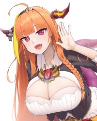 Rule 34 | 1girl, absurdres, ahoge, black jacket, blonde hair, blunt bangs, bow, braid, breasts, cleavage, cleavage cutout, clothing cutout, diagonal-striped bow, dragon girl, dragon horns, dragon tail, fang, french braid, hairband, highres, hololive, horn bow, horn ornament, horns, huge breasts, jacket, kiryu coco, kiryu coco (1st costume), leaning forward, long hair, looking at viewer, multicolored hair, open mouth, orange hair, pointy ears, purple eyes, red eyes, red skirt, shirt, simple background, skin fang, skirt, smile, solo, streaked hair, svet yomi, tail, tearing up, very long hair, virtual youtuber, waving, white background, white shirt