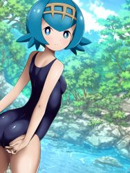 Rule 34 | 1girl, arched back, bad id, bad pixiv id, blue eyes, blue hair, bright pupils, closed mouth, cloud, commentary request, creatures (company), day, freckles, game freak, hairband, lana (pokemon), looking at viewer, looking back, nintendo, no sclera, norio (pheromosa times), one-piece swimsuit, outdoors, pokemon, pokemon sm, rock, shiny skin, short hair, sky, smile, solo, split mouth, swimsuit, swimsuit tug, water, white pupils, yellow hairband