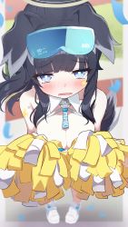 Rule 34 | 1girl, animal ears, arm tattoo, bare shoulders, bitseon, black hair, blue archive, blue eyes, blush, breasts, cleavage, dog ears, dog tail, from above, goggles, goggles on head, hibiki (blue archive), hibiki (cheer squad) (blue archive), highres, long hair, looking at viewer, medium breasts, millennium cheerleader outfit (blue archive), open mouth, pom pom (cheerleading), shoes, sidelocks, solo, star tattoo, tail, tattoo, white footwear