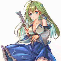 Rule 34 | 1girl, aqua eyes, bare shoulders, blue skirt, blush, breasts, cleavage, collarbone, cowboy shot, detached sleeves, frog hair ornament, gohei, green hair, hair between eyes, hair ornament, hair tubes, highres, holding, ikazuchi akira, japanese clothes, kochiya sanae, large breasts, long hair, navel, nontraditional miko, open mouth, simple background, skirt, snake hair ornament, solo, touhou, white background, white sleeves, wide sleeves