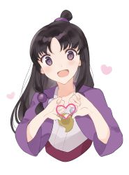 Rule 34 | 1girl, :d, absurdres, ace attorney, black hair, blush, hair ornament, half updo, heart, heart hands, highres, japanese clothes, jpeg artifacts, long hair, looking at viewer, magatama, magatama necklace, maya fey, necklace, open mouth, purple eyes, rin (yukameiko), simple background, smile, solo, upper body, white background