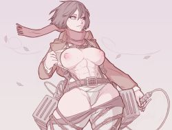 Rule 34 | 1girl, abs, black eyes, black hair, blouse, blue eyes, breasts, breasts out, cable, clothes pull, demimond23, female focus, large breasts, looking away, mikasa ackerman, navel, nipples, no bra, open clothes, open shirt, panties, puffy nipples, shingeki no kyojin, shirt, skindentation, solo, thighs, underwear