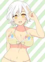 Rule 34 | 10s, 1girl, :d, bare arms, bare shoulders, bikini, blush, breasts, cleavage, collarbone, female focus, front-tie bikini top, front-tie top, groin, hair between eyes, ichiryuu tsumiki, large breasts, looking at viewer, miyabi (senran kagura), navel, open mouth, salute, senran kagura, senran kagura: peach beach splash, senran kagura peach beach splash, short hair, smile, solo, stomach, striped bikini, striped clothes, swimsuit, underboob, upper body, white hair, yellow eyes