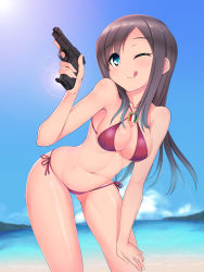 Rule 34 | 1girl, :q, ;q, a9b (louis814), absurdres, beretta m1934, bikini, blue eyes, breasts, brown hair, cleavage, federica n. doglio, gun, handgun, highres, italian flag, italy, leaning forward, long hair, looking at viewer, magazine (weapon), navel, one eye closed, pistol, red bikini, semi-automatic firearm, semi-automatic pistol, solo, strike witches, swimsuit, tongue, tongue out, weapon, weapon request, world witches series