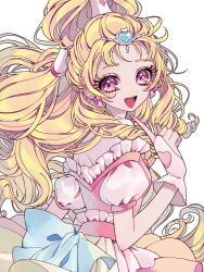 Rule 34 | 1girl, :d, ao (ao0 0nemu), bad id, bad twitter id, blonde hair, commentary request, cure tomorrow, dress, earrings, frilled dress, frills, from side, hair ornament, heart, heart earrings, heart hair ornament, high ponytail, highres, hug-tan (precure), hugtto! precure, index finger raised, jewelry, long hair, looking at viewer, looking back, magical girl, open mouth, pink dress, precure, puffy short sleeves, puffy sleeves, red eyes, short sleeves, smile, solo, very long hair, white background