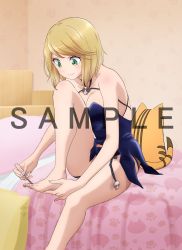 Rule 34 | 1girl, absurdres, applying pedicure, bad link, bare shoulders, barefoot, blonde hair, breasts, cat, cleavage, collarbone, feet, garter straps, green eyes, highres, knees up, koi wa sekai seifuku no ato de, large breasts, light blush, looking down, magahara desumi, nail polish, official art, on bed, painting nails, painting toenails, promotional art, sample watermark, short hair, sitting, smile, solo, swept bangs, thighs, toenail polish, toenails, watermark
