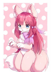 Rule 34 | 1girl, animal ear fluff, animal ears, blue eyes, body fur, border, borrowed character, bow, breasts, female focus, fox ears, fox tail, furry, furry female, hair bow, highres, long hair, methynecros, no nipples, nude, open mouth, original, pawpads, pink hair, polka dot, polka dot background, purple bow, small breasts, solo, tail, white border