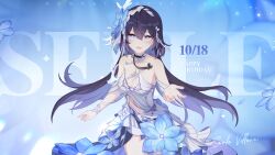 Rule 34 | 1girl, bare shoulders, birthday, blue background, breasts, character name, chest tattoo, chinese commentary, colored inner hair, dress, flower, hair between eyes, hair flower, hair ornament, happy birthday, highres, honkai (series), honkai impact 3rd, long hair, looking at viewer, medium breasts, multicolored hair, navel, official art, official wallpaper, open hands, open mouth, seele vollerei, seele vollerei (herrscher of rebirth), signature, solo, tattoo, white dress, white headwear
