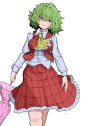 Rule 34 | 1girl, absurdres, ascot, closed mouth, closed umbrella, fe (tetsu), green hair, highres, holding, holding umbrella, kazami yuuka, long sleeves, looking at viewer, messy hair, midriff peek, pink umbrella, plaid, plaid skirt, plaid vest, red eyes, red skirt, red vest, shaded face, shirt, short hair, simple background, skirt, smile, solo, standing, touhou, umbrella, vest, walking, walking towards viewer, white background, white shirt, yellow ascot