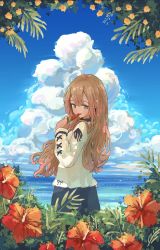 Rule 34 | 1girl, black ribbon, blonde hair, blue eyes, blue skirt, blue sky, breasts, cloud, cloudy sky, commentary request, cross-laced clothes, cross-laced sleeves, cumulonimbus cloud, day, flower, food, from behind, hand up, hibiscus, highres, holding, holding food, jpeg artifacts, long hair, long sleeves, looking at viewer, looking back, medium breasts, ocean, oimo imoo, original, outdoors, popsicle, red flower, ribbon, shirt, skirt, sky, solo, summer, watermelon bar, white shirt, wind, yellow flower