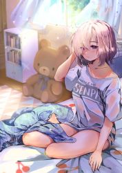 Rule 34 | 1girl, absurdres, ahoge, alternate costume, bare legs, bed, bedroom, blue bow, blush, bookshelf, bow, breasts, closed mouth, clothes writing, collarbone, commentary request, curtains, day, fate/grand order, fate (series), hair over one eye, hand in own hair, hand up, highres, huge filesize, indoors, looking at viewer, mash kyrielight, medium breasts, meme attire, messy hair, nachoz (nachozart), off shoulder, on bed, purple eyes, shirt, short hair, short sleeves, sitting, sleepy, solo, sparkle, striped, striped bow, stuffed animal, stuffed toy, sunlight, t-shirt, teddy bear, yokozuwari
