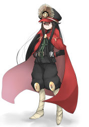 Rule 34 | 1girl, bad id, bad pixiv id, bad proportions, black hair, cape, crest, family crest, fate/grand order, fate (series), gloves, hands on own hips, hat, highres, japanese clothes, koha-ace, long hair, military, military uniform, oda nobunaga (fate), oda nobunaga (koha-ace), peaked cap, red eyes, smile, solo, standing, tanuki (siutkm0228), uniform