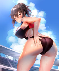 Rule 34 | 1girl, ass, blush, breasts, brown hair, cloud, covered erect nipples, hame x tore, hand under clothes, high ponytail, highres, large breasts, looking at viewer, looking back, midriff, open mouth, red eyes, short hair, sky, solo, source request, sports bikini, sweat, yuyu (yuyuworks)