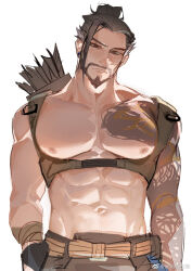 Rule 34 | 1boy, abs, arrow (projectile), bara, beard, black hair, chest harness, cowboy shot, facial hair, hanzo (overwatch), harness, head tilt, highres, large pectorals, looking at viewer, male focus, mature male, midomido, muscular, muscular male, mustache, navel, nipples, overwatch, pectorals, ponytail, short hair, sketch, solo, topless male, underbust