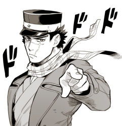 Rule 34 | 1boy, black eyes, black hair, commentary request, facial scar, foxvulpine, golden kamuy, greyscale, hat, imperial japanese army, jojo no kimyou na bouken, jojo pose, kepi, long sleeves, male focus, military hat, monochrome, pointing, pointing at viewer, scar, scar on cheek, scar on face, scar on mouth, scar on nose, scarf, short hair, simple background, solo, sound effects, sugimoto saichi, upper body