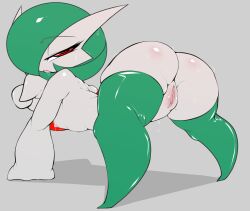 Rule 34 | 1girl, absurdres, all fours, ass, bob cut, clitoral hood, colored skin, creatures (company), drooling, female focus, fir3born, flat chest, flat color, from behind, full body, game freak, gardevoir, gen 3 pokemon, green hair, green thighhighs, grey background, hair over one eye, half-closed eyes, hand up, highres, looking at viewer, looking back, nintendo, nipples, nude, one eye covered, open mouth, pokemon, pokemon (creature), presenting, pussy, pussy juice, red eyes, saliva, shiny clothes, shiny skin, short hair, simple background, skindentation, solo, sweat, thick thighs, thighhighs, thighs, uncensored, white skin