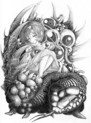 Rule 34 | 1girl, :s, absurdres, blouse, claws, closed mouth, commentary, disembodied eye, eldritch abomination, eyeball, frilled shirt collar, frilled sleeves, frills, full body, graphite (medium), greyscale, hair between eyes, hair ornament, hairband, heart, heart hair ornament, highres, holding, horror (theme), komeiji satori, lips, long sleeves, looking at viewer, monochrome, ribbon trim, sek-it, shirt, sitting, skirt, snake, solo, third eye, touhou, traditional media, wide sleeves